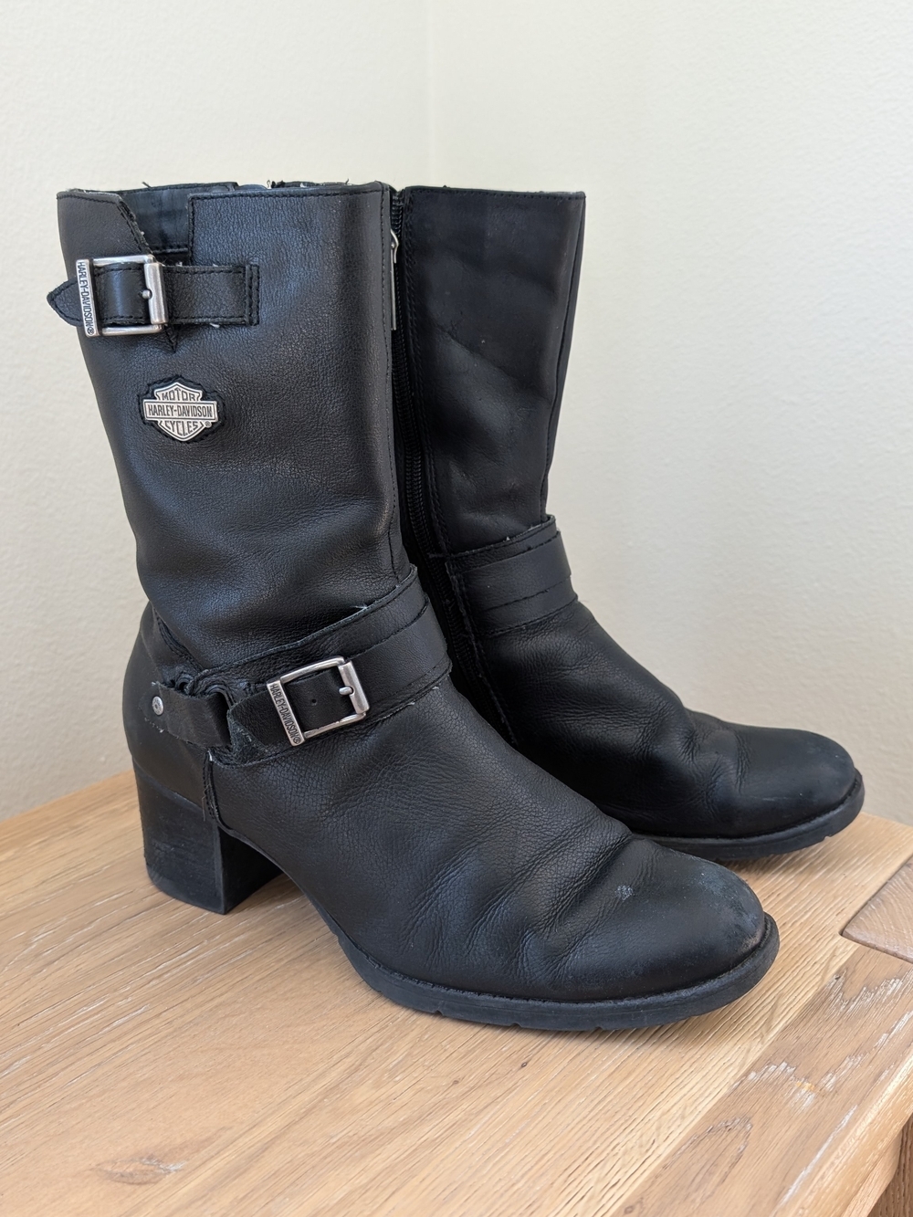 Vintage Harley-Davidson Leather Harness Mid-calf Heel Boot In Black - 8.5